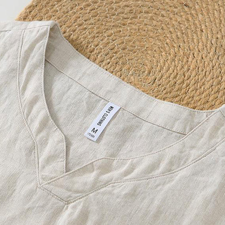 Camisa informal de lino con cuello en V y manga corta para hombre con estampado de Buddha Stones
