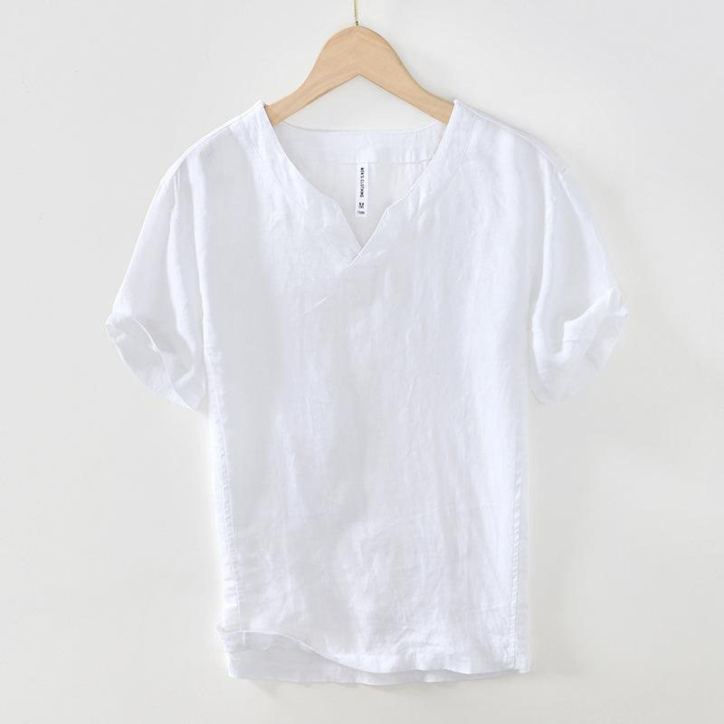 Camisa informal de lino con cuello en V y manga corta para hombre con estampado de Buddha Stones
