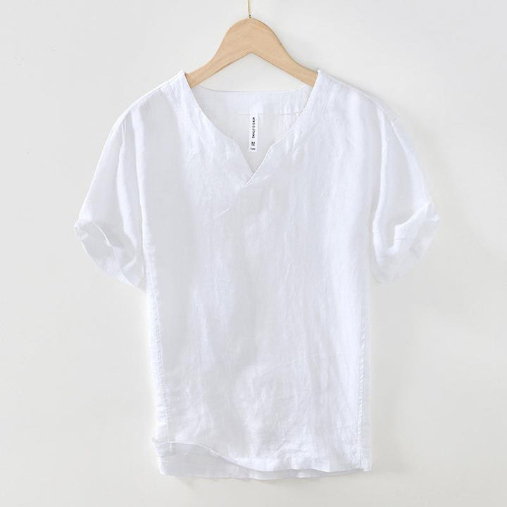 Camisa informal de lino con cuello en V y manga corta para hombre con estampado de Buddha Stones