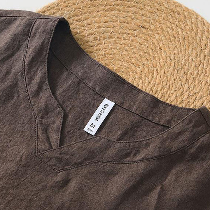 Camisa informal de lino con cuello en V y manga corta para hombre con estampado de Buddha Stones