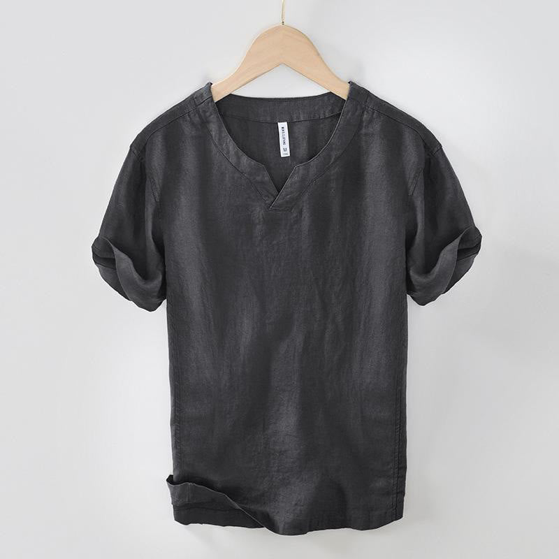 Camisa informal de lino con cuello en V y manga corta para hombre con estampado de Buddha Stones