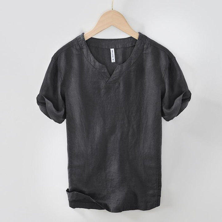 Camisa informal de lino con cuello en V y manga corta para hombre con estampado de Buddha Stones