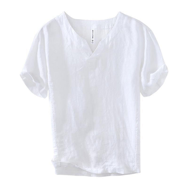 Camisa informal de lino con cuello en V y manga corta para hombre con estampado de Buddha Stones