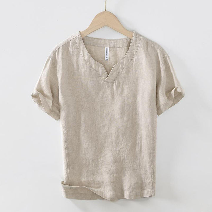 Camisa informal de lino con cuello en V y manga corta para hombre con estampado de Buddha Stones