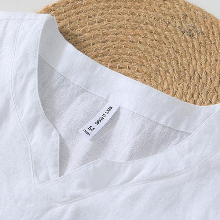 Camisa informal de lino con cuello en V y manga corta para hombre con estampado de Buddha Stones