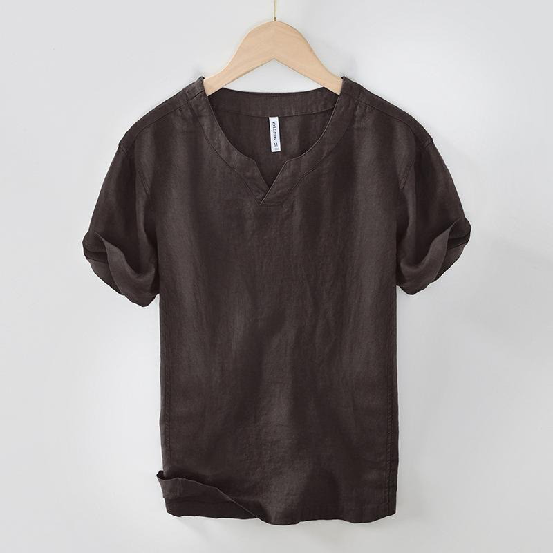 Camisa informal de lino con cuello en V y manga corta para hombre con estampado de Buddha Stones - Marrón silla de montar - US/UK/AU42, EU52 (3XL) - image 5