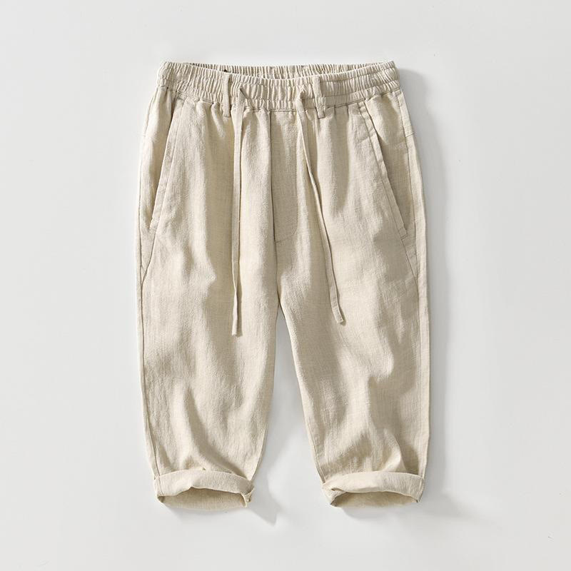 Pantalones de lino y algodón para hombre, versátiles, informales, con cordón, de largo 7-8 y bolsillos , de Buddha Stones - Beige - US/UK/AU42, EU52 (3XL) - image 0