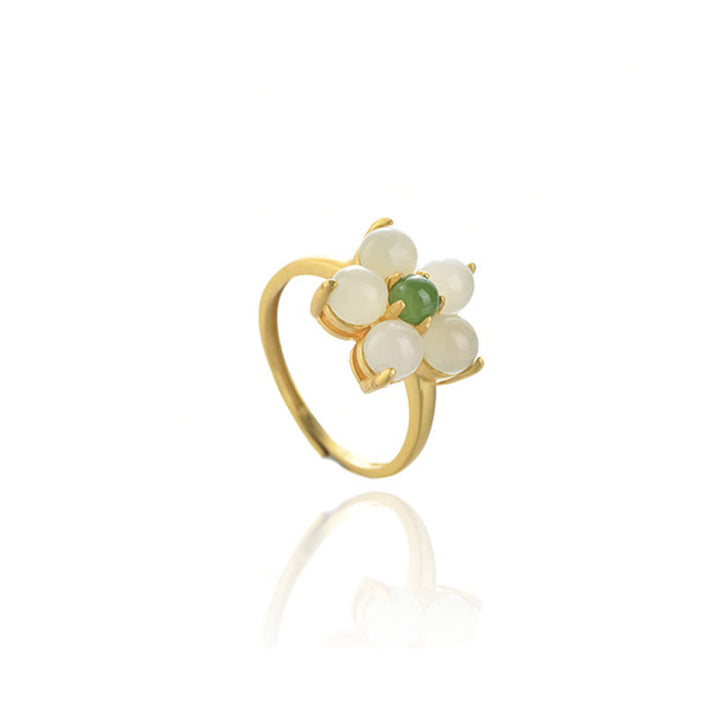 Anillo ajustable de la suerte con flor de durazno y jade hetiano natural de plata de ley 925 con Buddha Stones
