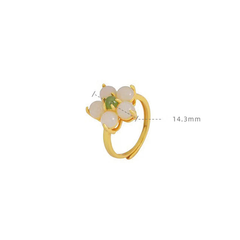 Anillo ajustable de la suerte con flor de durazno y jade hetiano natural de plata de ley 925 con Buddha Stones
