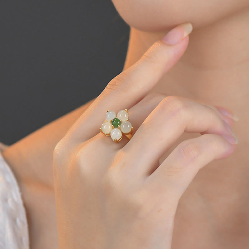 Anillo ajustable de la suerte con flor de durazno y jade hetiano natural de plata de ley 925 con Buddha Stones