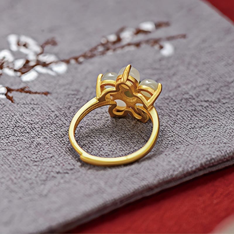 Anillo ajustable de la suerte con flor de durazno y jade hetiano natural de plata de ley 925 con Buddha Stones