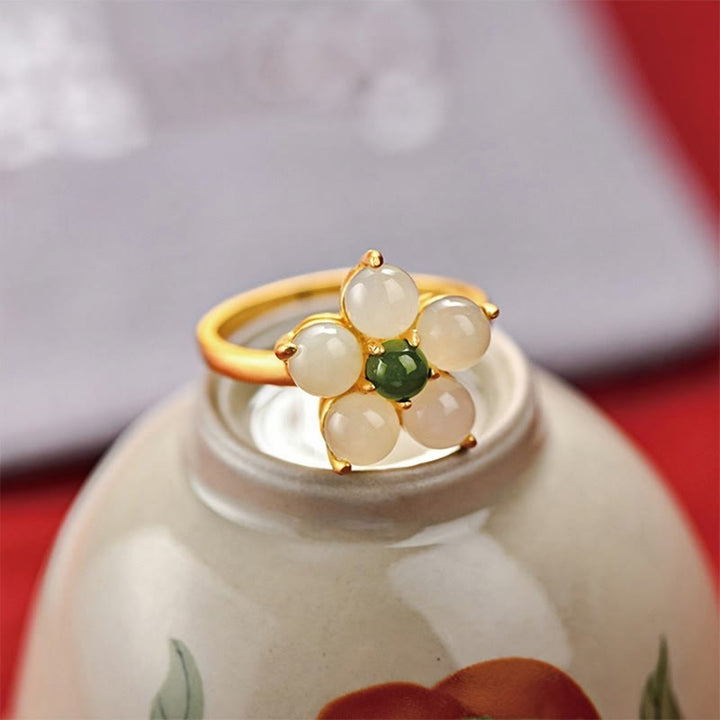 Anillo ajustable de la suerte con flor de durazno y jade hetiano natural de plata de ley 925 con Buddha Stones