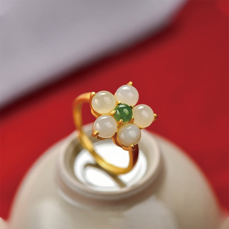 Anillo ajustable de la suerte con flor de durazno y jade hetiano natural de plata de ley 925 con Buddha Stones
