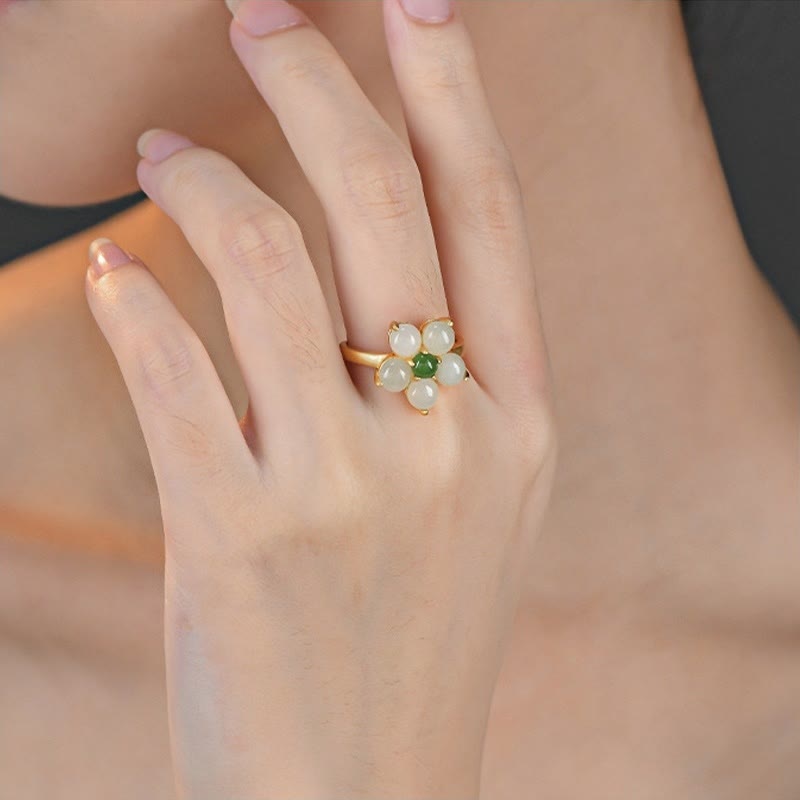 Anillo ajustable de la suerte con flor de durazno y jade hetiano natural de plata de ley 925 con Buddha Stones