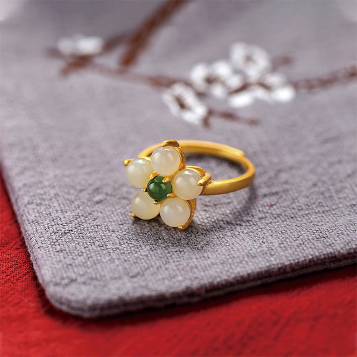 Anillo ajustable de la suerte con flor de durazno y jade hetiano natural de plata de ley 925 con Buddha Stones