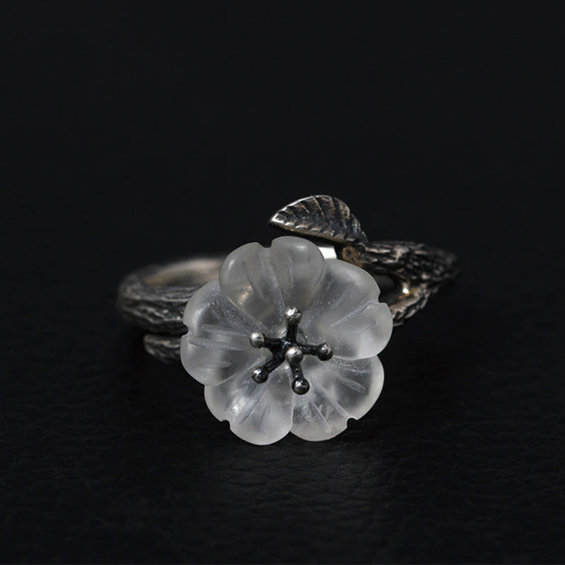 Anillo curativo ajustable con diseño de flor de esqueleto de cristal blanco de plata de ley 925 con Buddha Stones