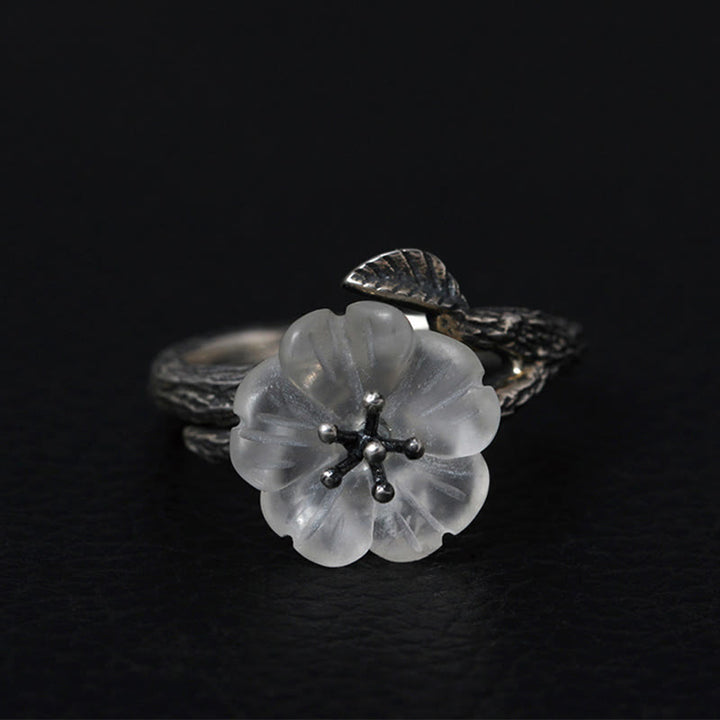 Anillo curativo ajustable con diseño de flor de esqueleto de cristal blanco de plata de ley 925 con Buddha Stones