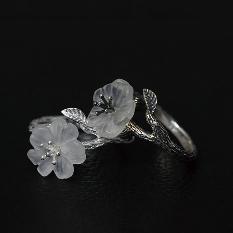 Anillo curativo ajustable con diseño de flor de esqueleto de cristal blanco de plata de ley 925 con Buddha Stones