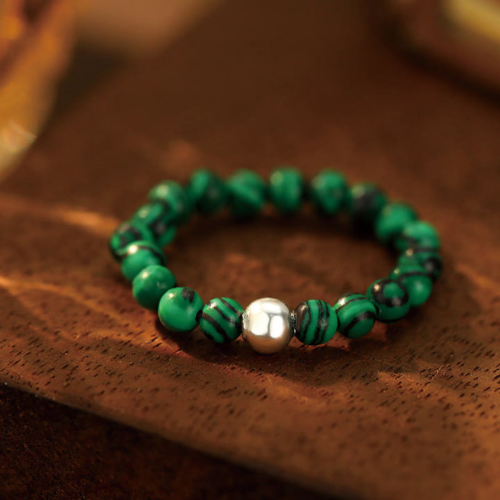 Anillo elástico con bendición de Buddha Stones, cuentas de cristal de plata de ley 925 y jade blanco y ónix negro.