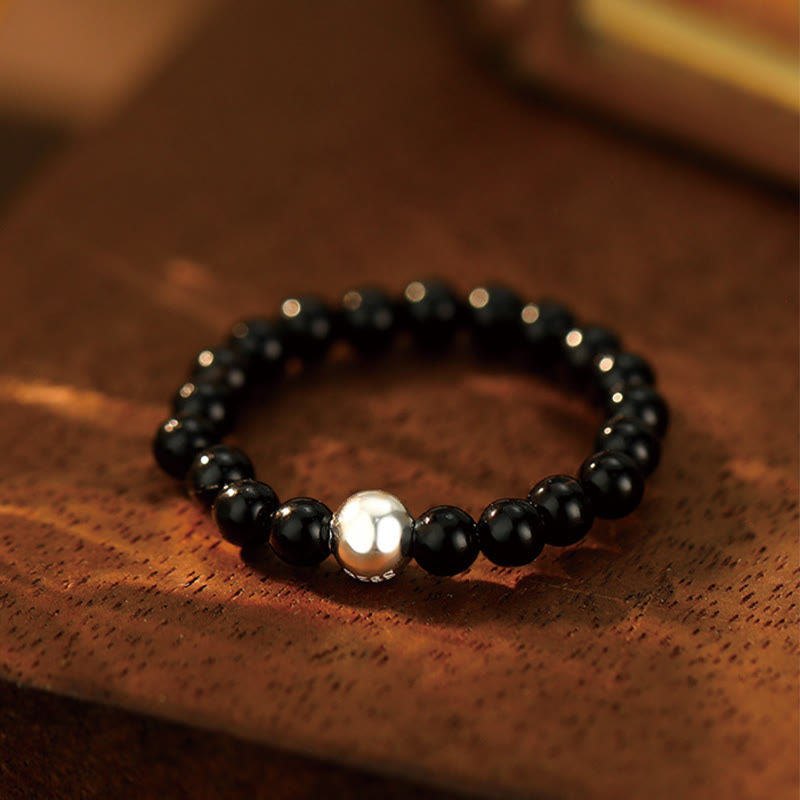 Anillo elástico con bendición de Buddha Stones, cuentas de cristal de plata de ley 925 y jade blanco y ónix negro.