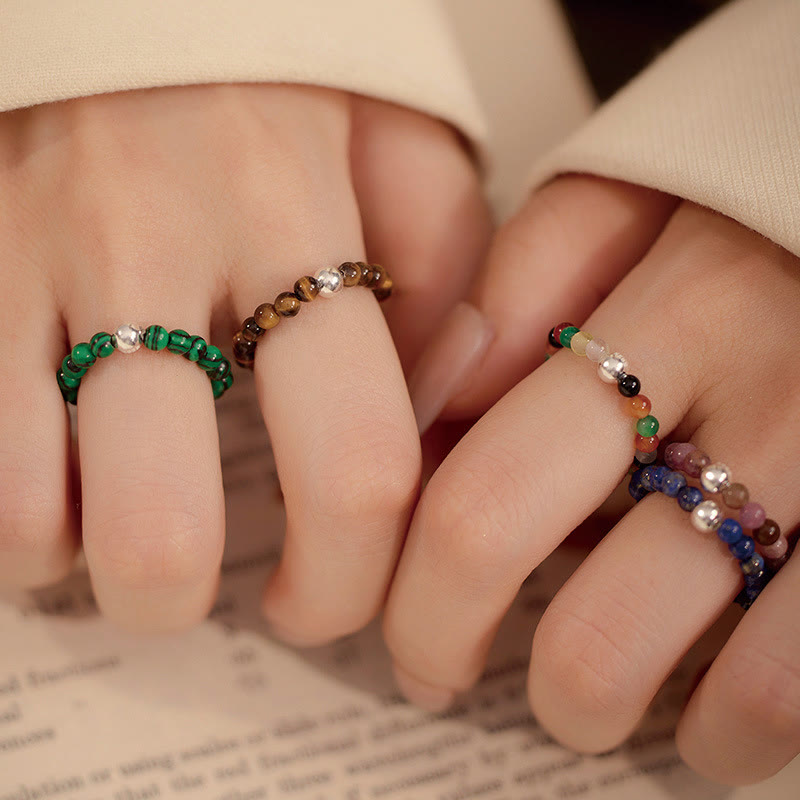 Anillo elástico con bendición de Buddha Stones, cuentas de cristal de plata de ley 925 y jade blanco y ónix negro.