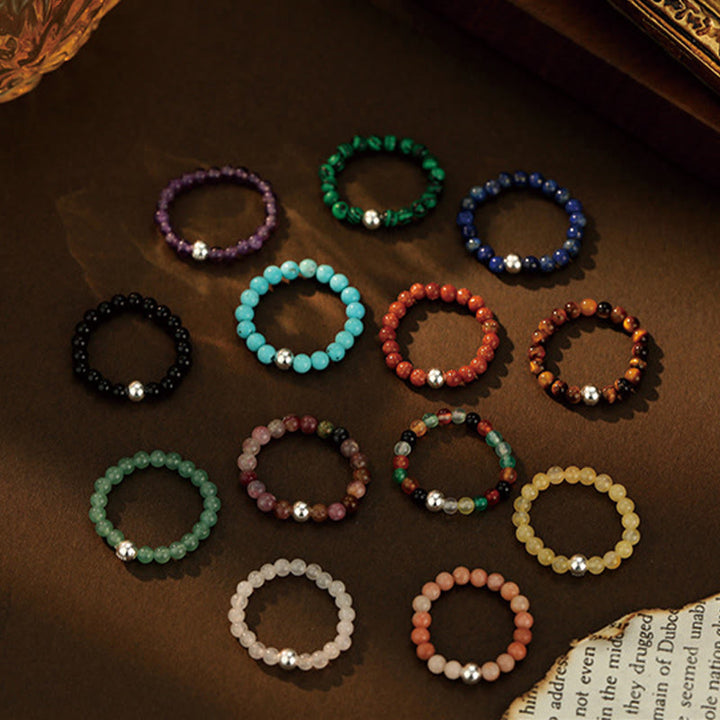 Anillo elástico con bendición de Buddha Stones, cuentas de cristal de plata de ley 925 y jade blanco y ónix negro.