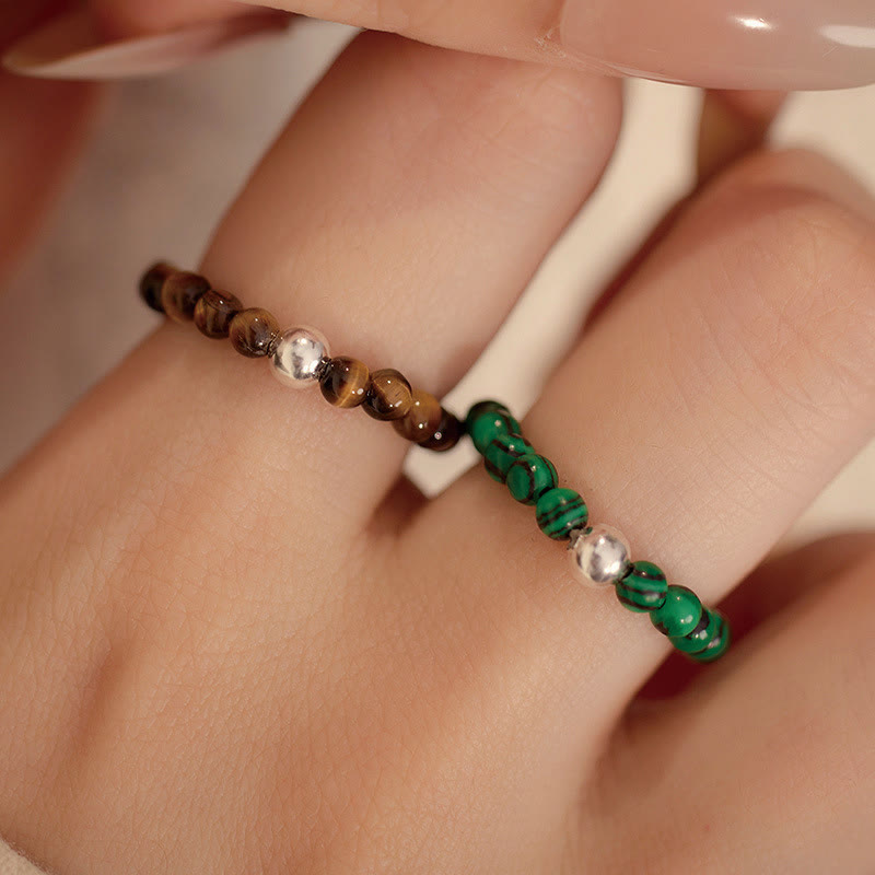 Anillo elástico con bendición de Buddha Stones, cuentas de cristal de plata de ley 925 y jade blanco y ónix negro.