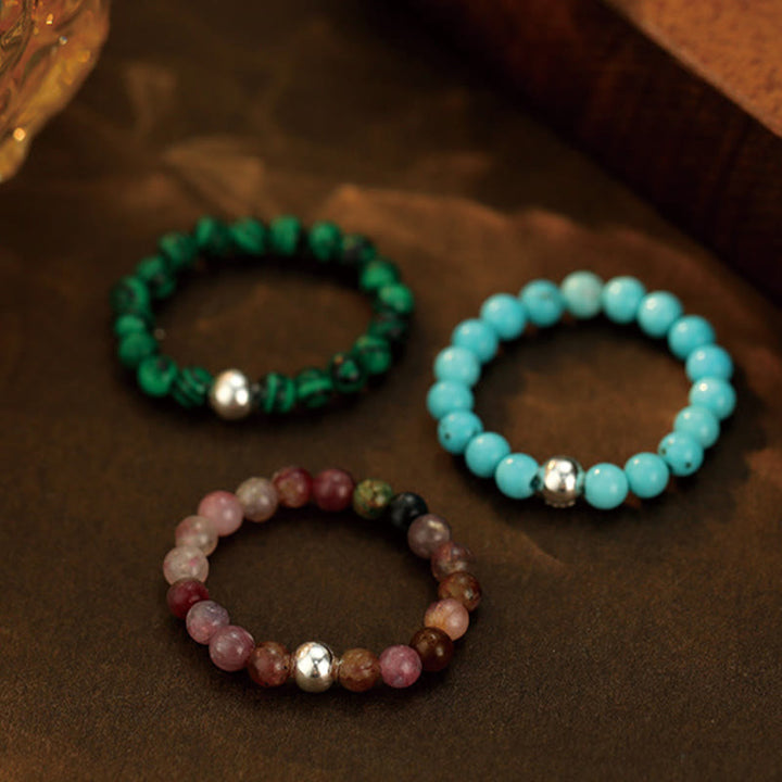 Anillo elástico con bendición de Buddha Stones, cuentas de cristal de plata de ley 925 y jade blanco y ónix negro.