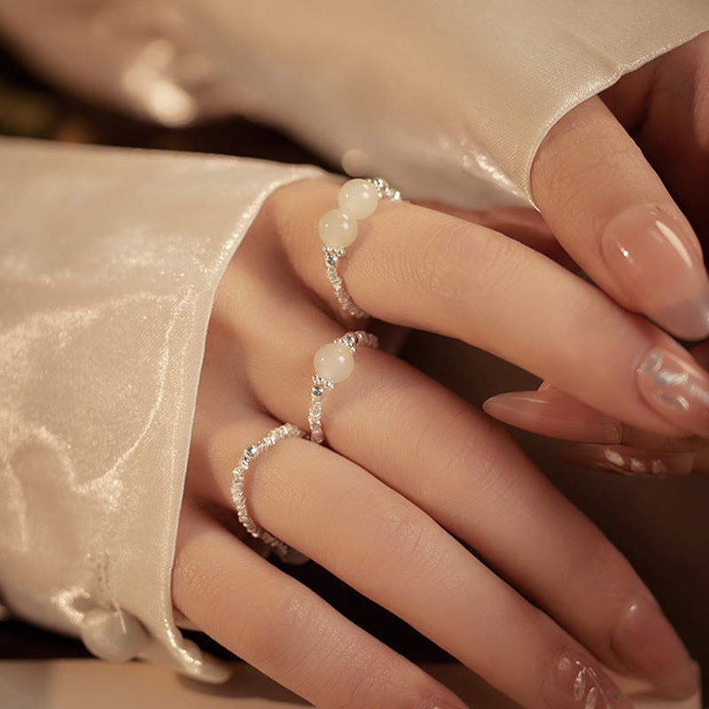 Anillo elástico de la suerte con cuentas pequeñas de jade hetiano natural de plata de ley 925 con Buddha Stones - image 11