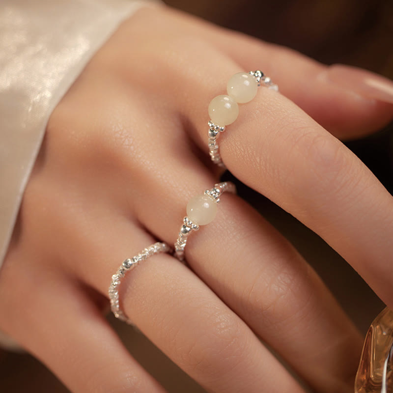 Anillo elástico de la suerte con cuentas pequeñas de jade hetiano natural de plata de ley 925 con Buddha Stones - image 14