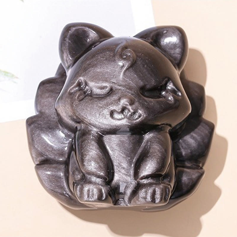Buddha Stones con brillo plateado natural, obsidiana, zorro de nueve colas, protección, decoración del hogar - image 7