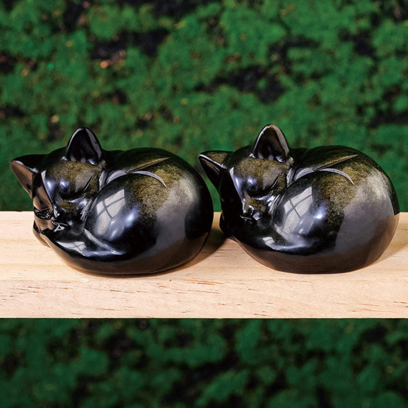 Estatua de gato dormido de obsidiana con brillo dorado natural de Buddha Stones, decoración del hogar - image 1