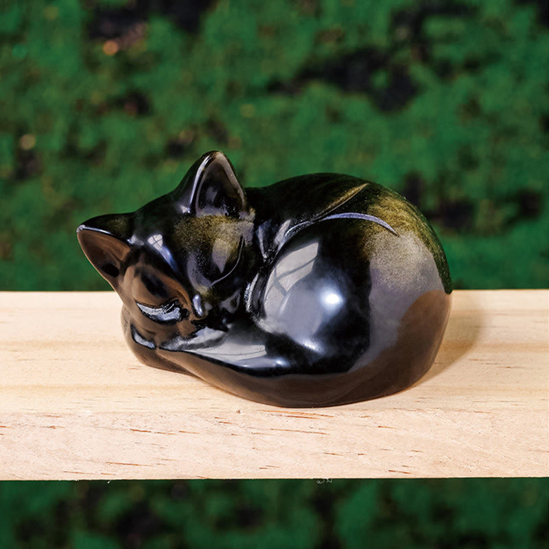 Estatua de gato dormido de obsidiana con brillo dorado natural de Buddha Stones, decoración del hogar - Obsidiana con brillo dorado 6*5 cm - image 2
