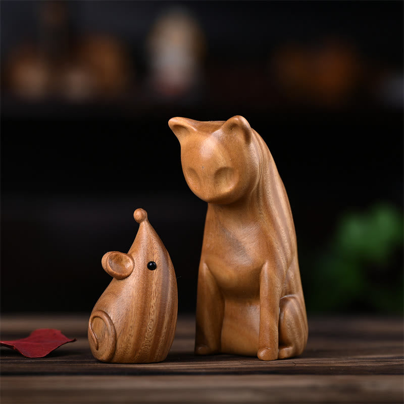 Buddha Stones, Gato Pequeño, Ratón, Sándalo Verde, Palosanto Rojo Africano, Paz, Decoración del Hogar - Gato y ratón de sándalo verde 9 x 4 x 4 cm - image 1