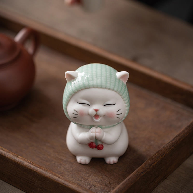 Figura decorativa de cerámica con forma de gato de la suerte y bufanda de Buddha Stones - image 1