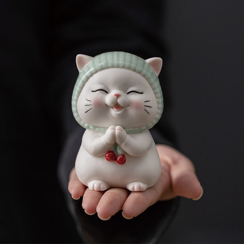 Figura decorativa de cerámica con forma de gato de la suerte y bufanda de Buddha Stones - Gato 5,7 x 6,4 x 9,1 cm - image 1