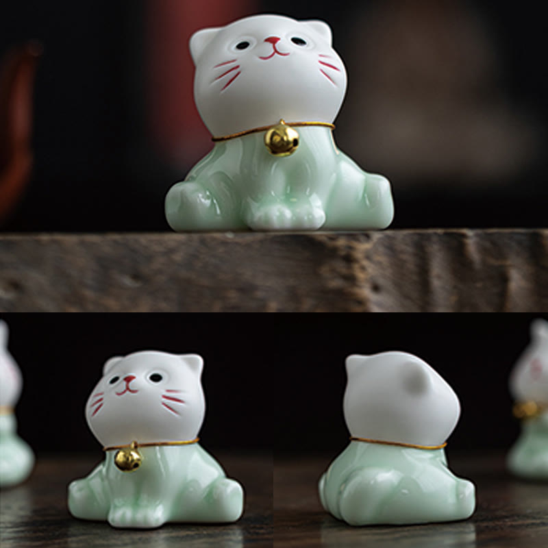 Figura decorativa de cerámica con forma de gato de la suerte, color verde claro y blanco, con Buddha Stones - image 11