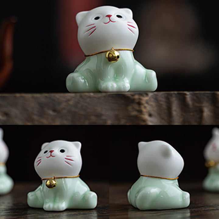 Figura decorativa de cerámica con forma de gato de la suerte, color verde claro y blanco, con Buddha Stones - image 11
