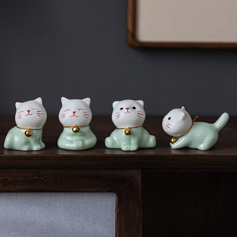Figura decorativa de cerámica con forma de gato de la suerte, color verde claro y blanco, con Buddha Stones - image 1