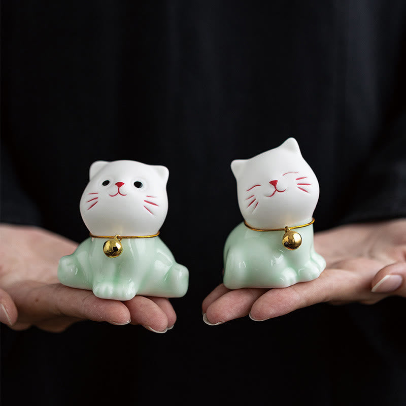 Figura decorativa de cerámica con forma de gato de la suerte, color verde claro y blanco, con Buddha Stones - image 1