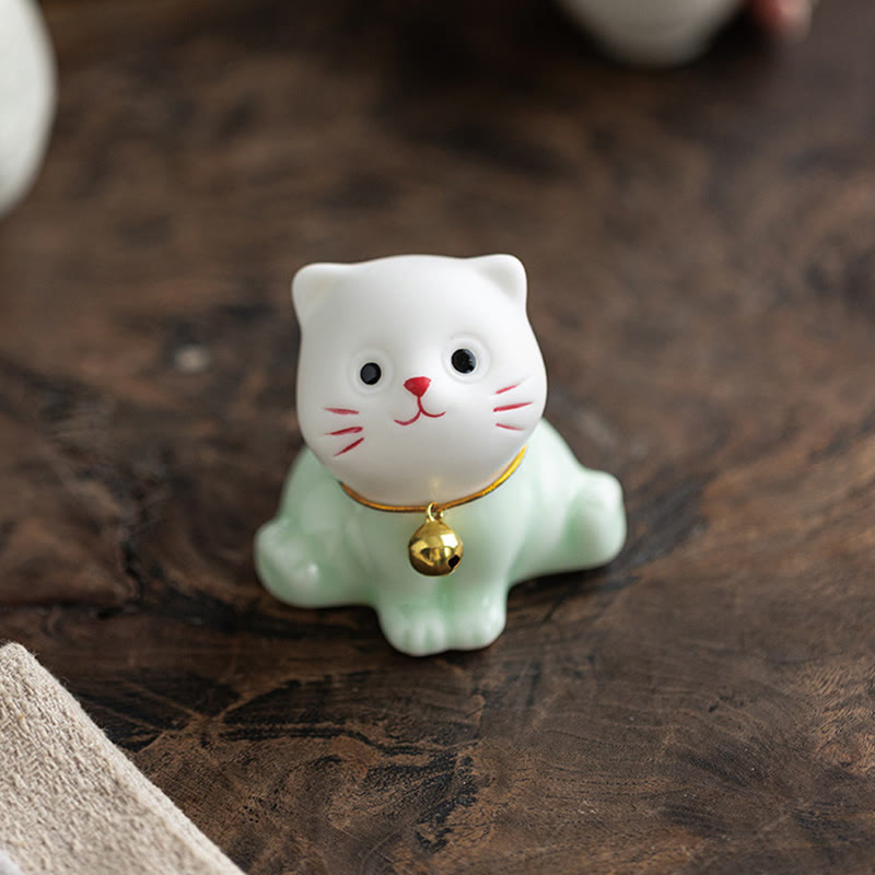 Figura decorativa de cerámica con forma de gato de la suerte, color verde claro y blanco, con Buddha Stones - image 7