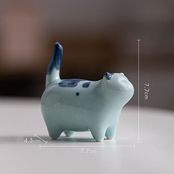 Figura decorativa de cerámica con forma de gato durmiendo de pie, con Buddha Stones y un adorable gatito de la suerte. - Gato azul de pie 7,7 x 4,3 x 7,7 cm - image 14