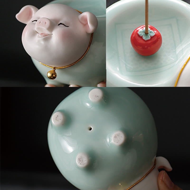 Quemador de incienso de cerámica con forma de cerdito y Buddha Stones