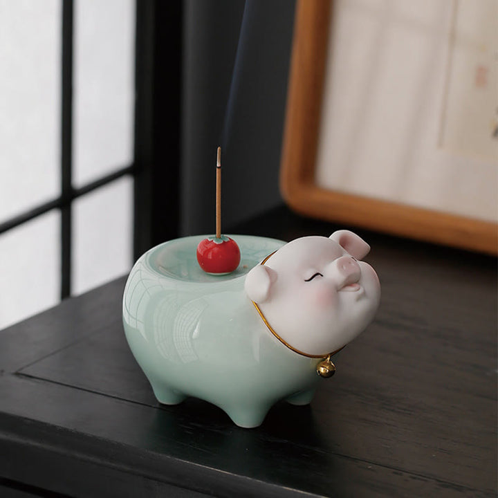 Quemador de incienso de cerámica con forma de cerdito y Buddha Stones