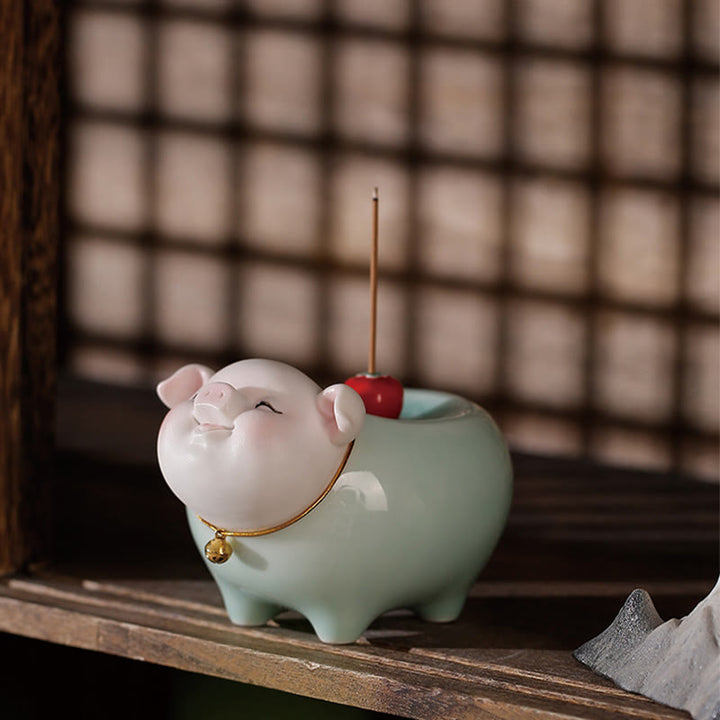 Quemador de incienso de cerámica con forma de cerdito y Buddha Stones