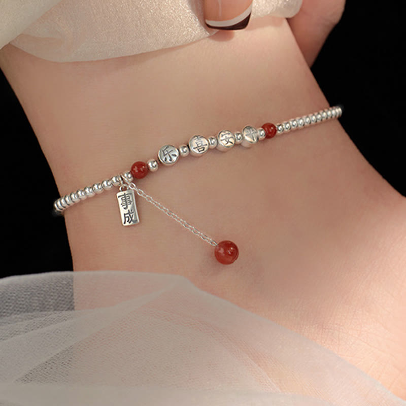 Tobillera con Buddha Stones en plata de ley 925, cuentas pequeñas de ágata roja, bendición de paz y alegría