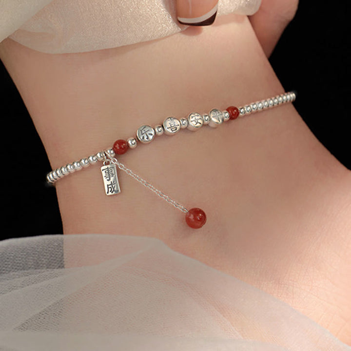 Tobillera con Buddha Stones en plata de ley 925, cuentas pequeñas de ágata roja, bendición de paz y alegría