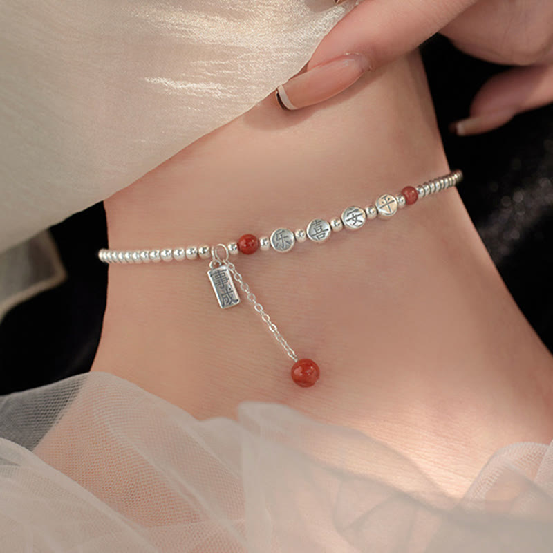 Tobillera con Buddha Stones en plata de ley 925, cuentas pequeñas de ágata roja, bendición de paz y alegría