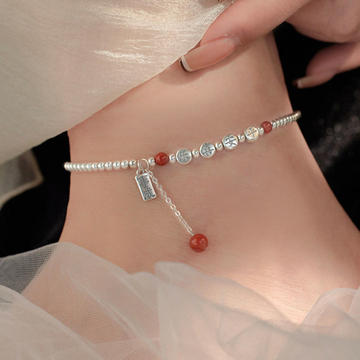 Tobillera con Buddha Stones en plata de ley 925, cuentas pequeñas de ágata roja, bendición de paz y alegría