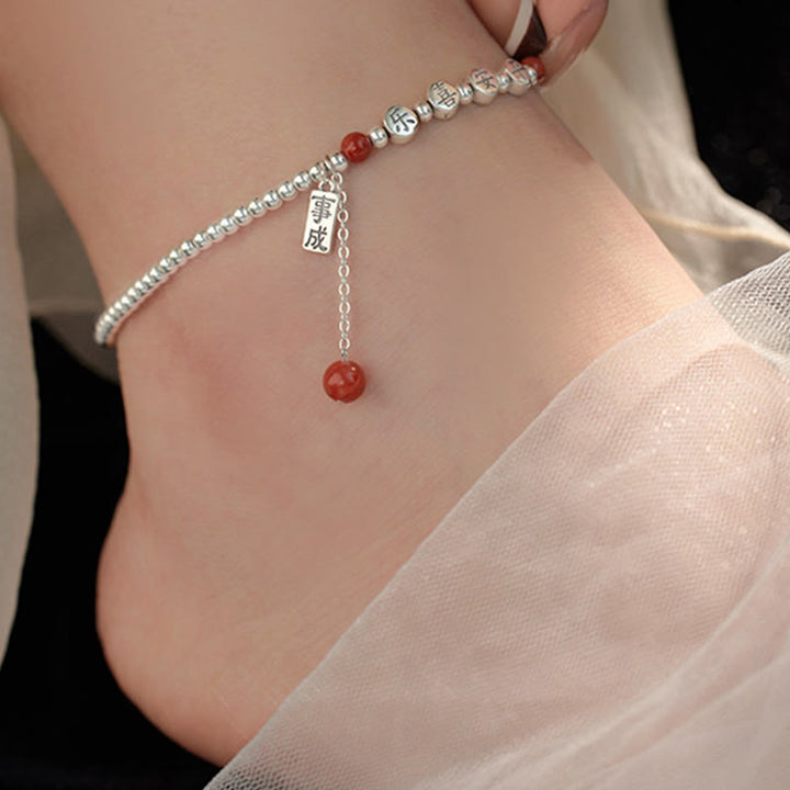 Tobillera con Buddha Stones en plata de ley 925, cuentas pequeñas de ágata roja, bendición de paz y alegría